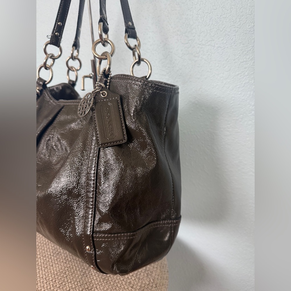 Coach Dark Brown Patent Leather Shoulder Bag with Silver-Tone Hardware - Picture 5 of 13